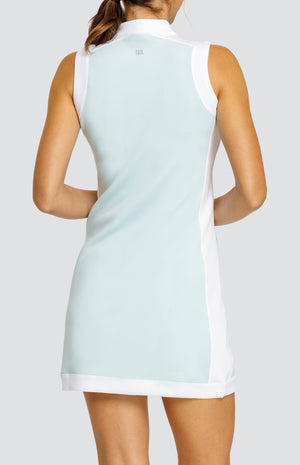 Model wearing a light blue sleeveless dress with an open v-neck and chalk inserts on the sides, hem, armholes, shoulder, and collar.